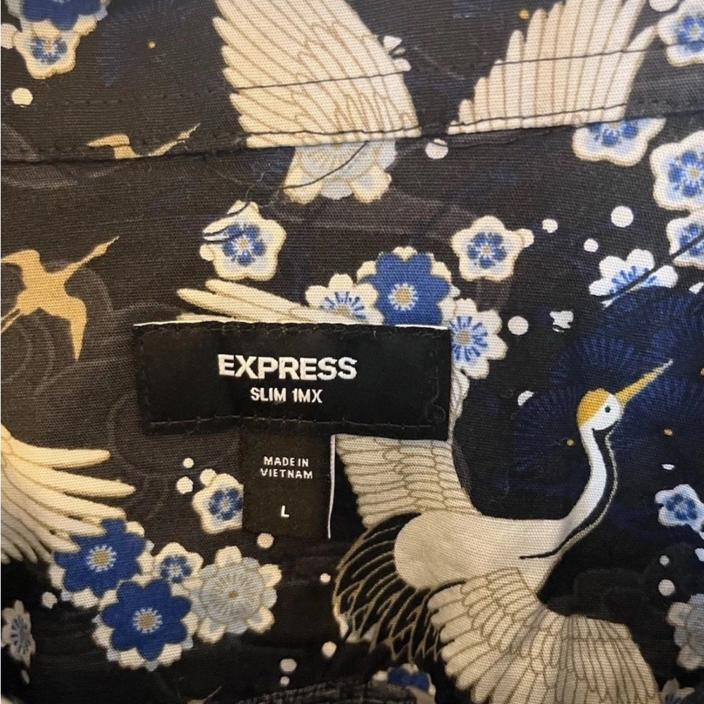 Express Mens Slim 1MX Long Sleeve Black Blue Crane Birds Shirt Button Up Size L - Picture 5 of 8